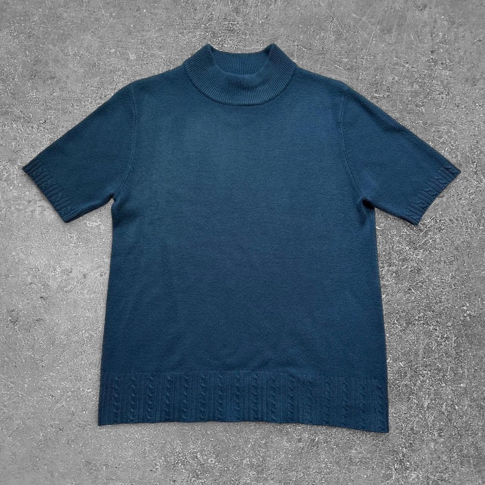 Sag Harbor Womens Navy Blue Mock Neck Cable Knit Short Sleeve Sweater Small